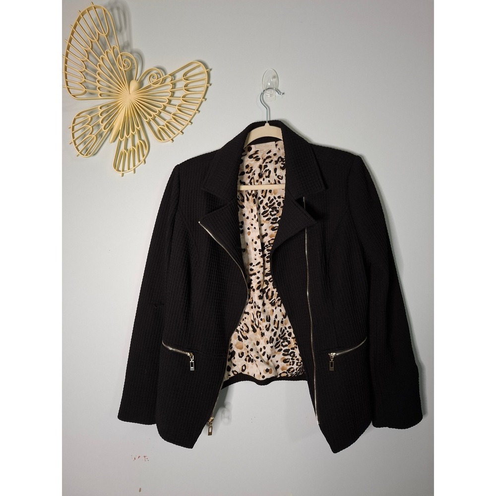 Chicos Black Textured Moto Jacket Leopard Print Lining Waffle Knit Size 0/Small